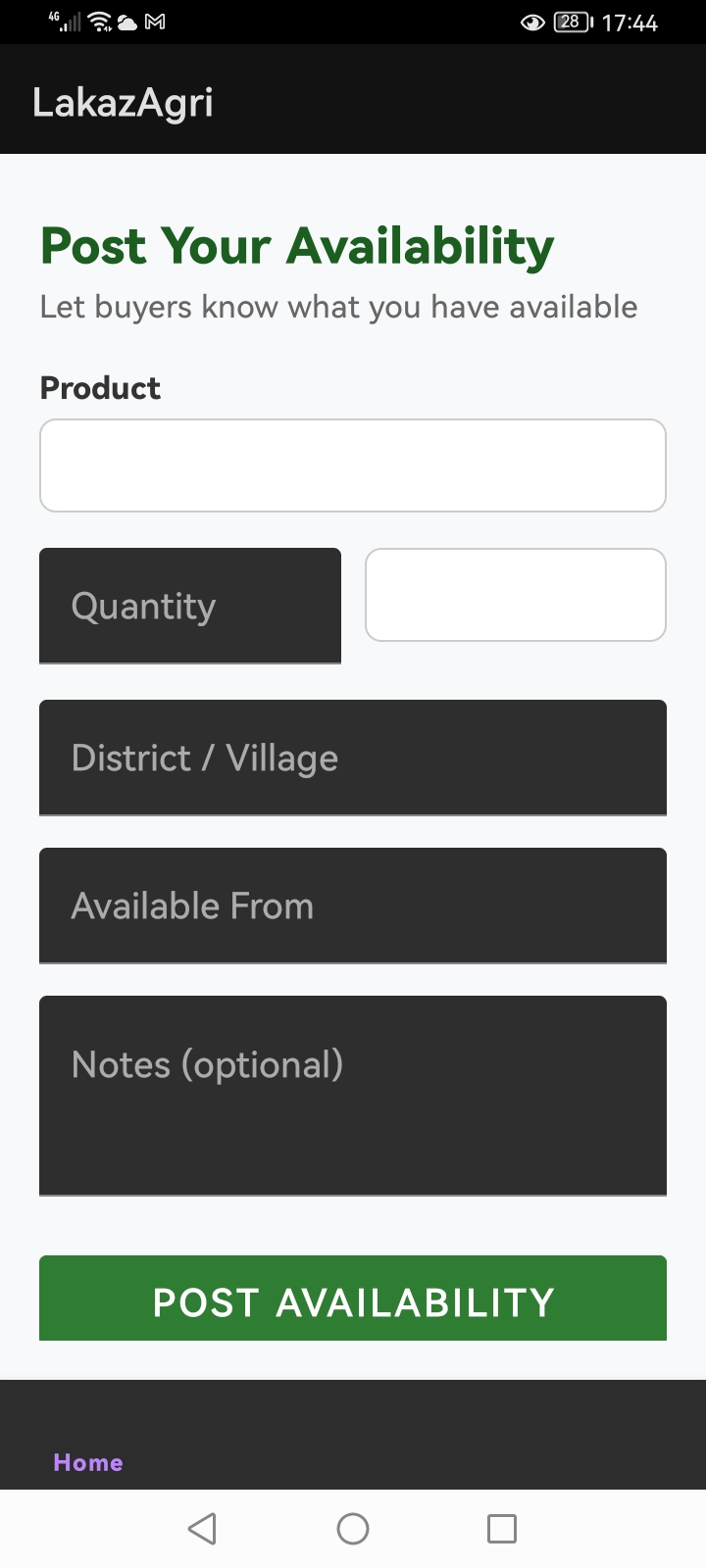 Post availability screen for farmers